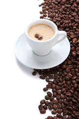 Cup of coffee with coffee beans, isolated on white