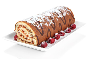 Sweet roll on plate isolated on white