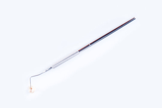 Tip of dental probe on real human extracted tooth