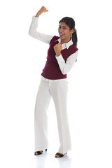 casual indian female celebrating success , full body isolated on
