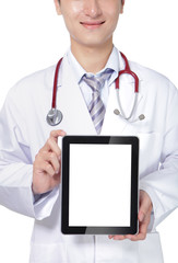 doctor with stethoscope showing blank tablet pc