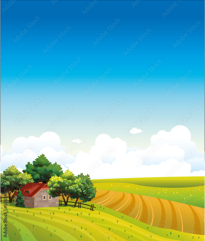 Sticker Landscape with house and green field