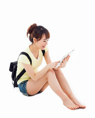 Woman holding tablet computer