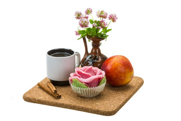 Breakfast wirh coffee, marzipan and peach