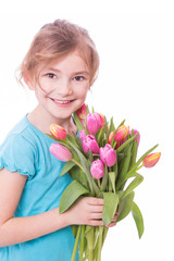 Kleine Dame mit einem Strauss Tulpen