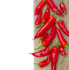 red hot chili peppers on a wooden board, isolated, close-up