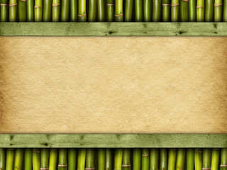 Canvas sheet and green planks on bamboo background