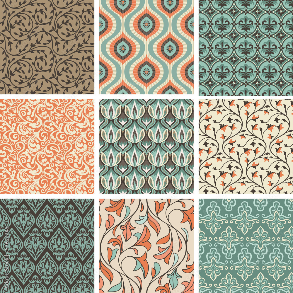 Poster vector set with vintage seamless patterns