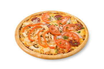 pizza with ham, tomatoes, mushrooms and tomatoes