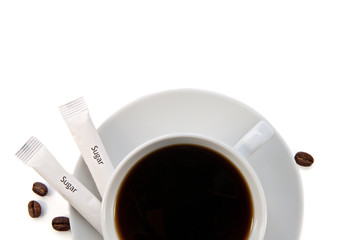 cup of black coffee, beans of coffea arabica, sugar isolated