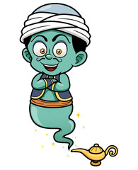 Vector illustration of genie just came out of the lamp - obrazy, fototapety, plakaty