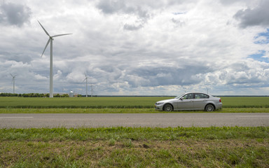 Car parked along a road in the countryside