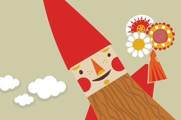 Happy gnome holding flowers