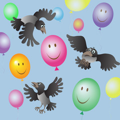 A flock of crows and colored balloons