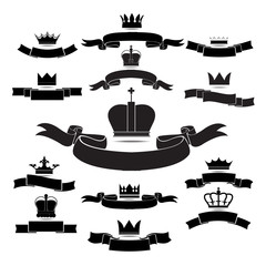 king and queen crown silhouette icon set isolated on white backg