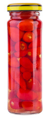 Glass jar with marinated Piri-Piri peppers