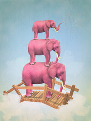 Three pink elephants in the sky on the bridge. Illustration