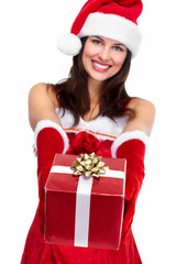 Santa helper Christmas girl with a present.