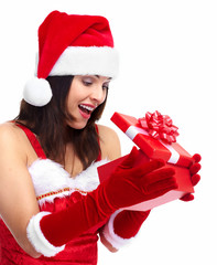 Santa helper Christmas girl with a present.