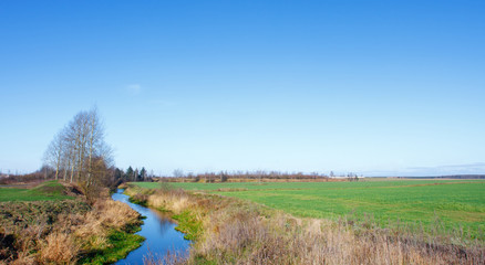Fototapeta premium Landscape with a river and a field in a village