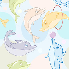 Dolphins acting in Dolphinarium Seamless Vector Pattern