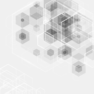 An abstract geometric vector background featuring overlapping grey and white hexagons and cubes with a technical, futuristic aesthetic.