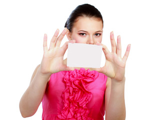 A smiling woman with a blank, isolated on white background