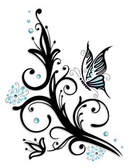 Ranke, floral, Blumen, Blüten, butterfly, blue