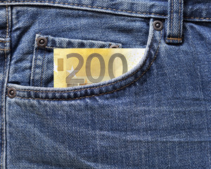 Geld,  Euroscheine in Jeanstasche