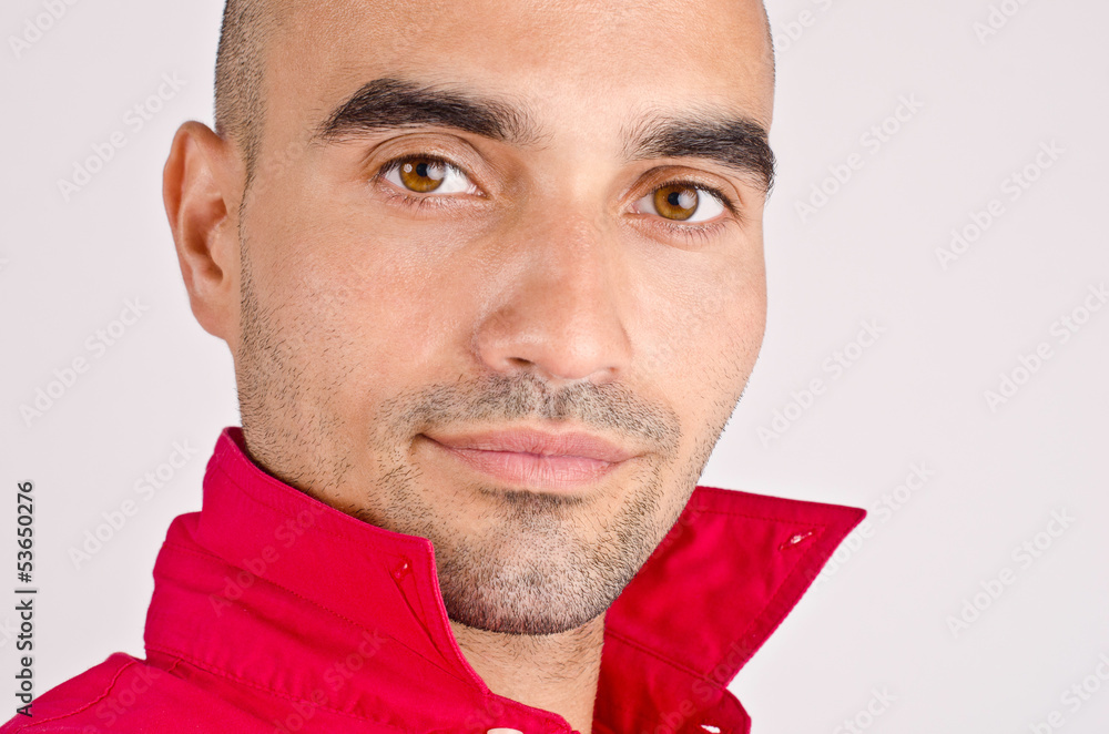 Poster Profile of a handsome man dressed in red shirt. Close up.