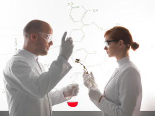 Two young scientists making a chemical experment