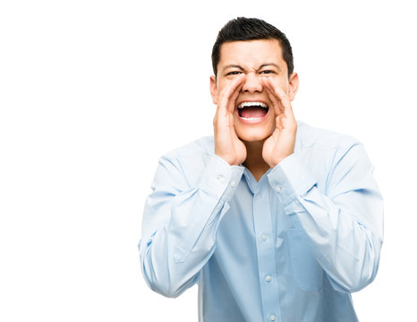 asian businessman shouting angry isolated white background