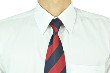 Man wearing white shirt with red-blue necktie