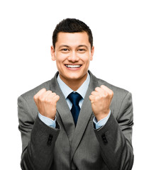 Mixed race businessman celebrating success isolated on white bac