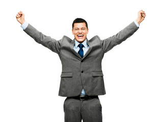 Mixed race businessman celebrating success isolated on white bac