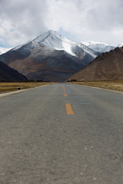 Straight road to Himalayas range, Tibet