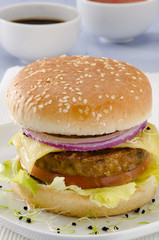 Vegetarian tofu cheeseburger.