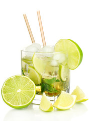 Glass of cocktail with lime and mint isolated on white