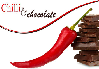 Dark chocolate with chili pepper isolated on white