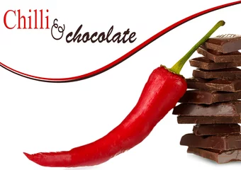 Fotobehang Chili Pepers Dark chocolate with chili pepper isolated on white  © Africa Studio