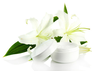 Fototapeta na wymiar Cosmetic cream and beautiful lily, isolated on white