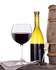 barrel with corkscrew and wine glass