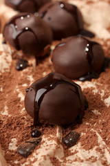 Chocolate candies with cocoa powder, close up