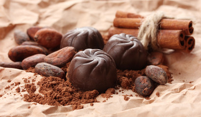 Composition of chocolate sweets, cocoa and  spices