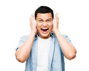 Naklejka premium Asian lsitening to music student heaphones white background