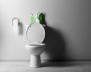 White toilet bowl and  cleaning supplies in a bathroom