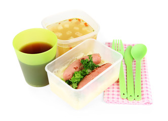 Tasty lunch in plastic containers, isolated on white