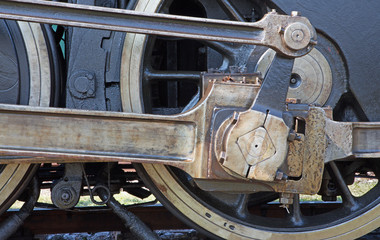 detail of driving rod mechanism on old steam locomotive