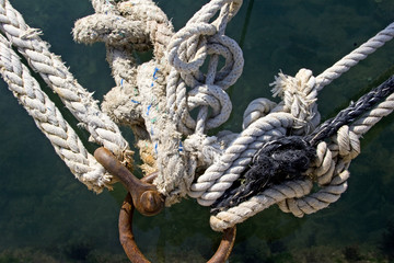 Rusted mooring ring with naval ropes on the pier