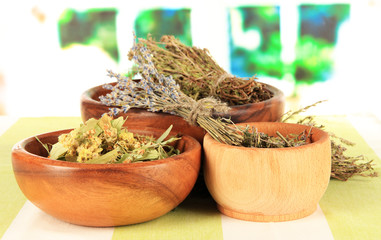 Medicinal Herbs in wooden bowls